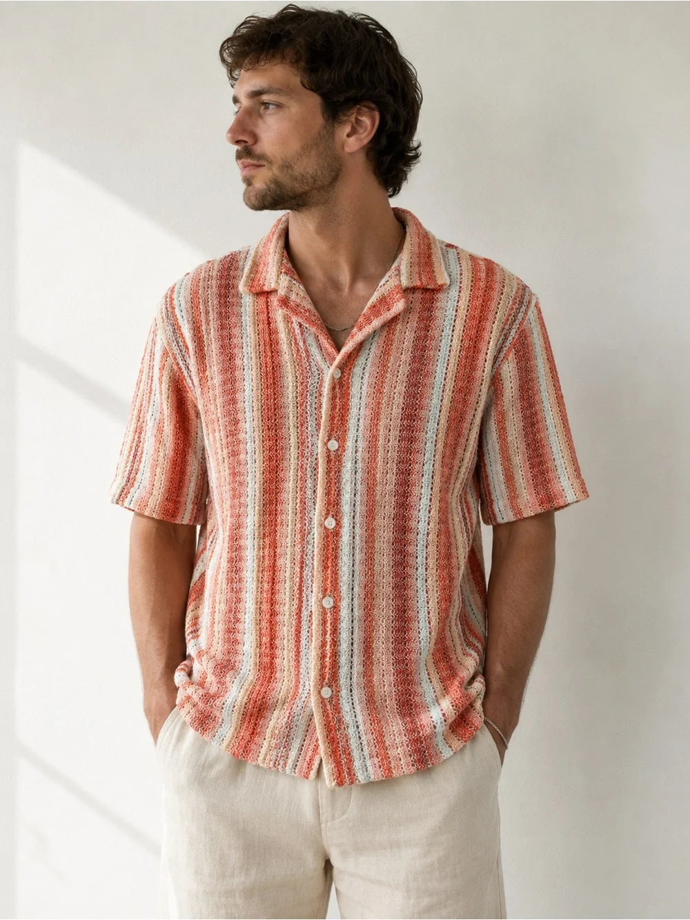 Zara Knit Short-Sleeve Striped Button-Down Resort Shirt in Coral sz L